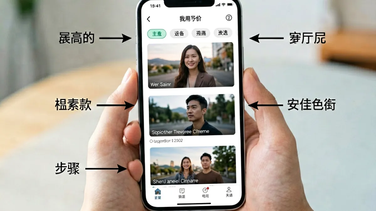 撸撸社新手使用教程配图，手机屏幕展示内容筛选与分类导航操作步骤