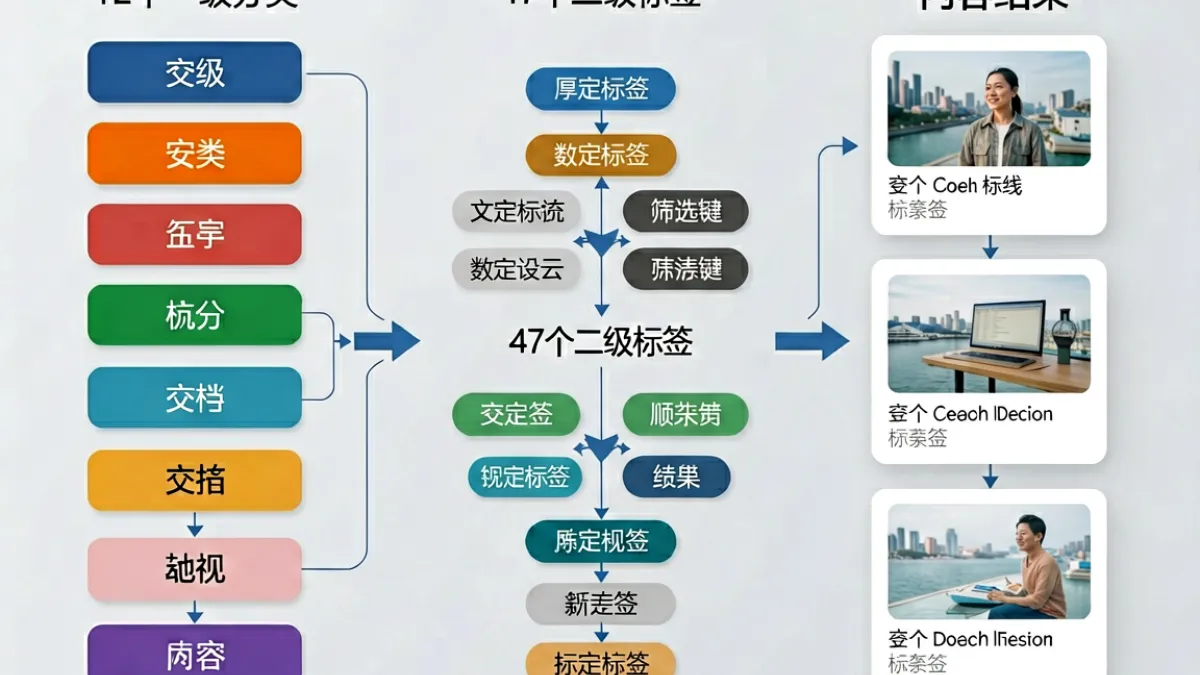 撸撸社内容筛选系统示意图，展示标签分类体系与用户交叉筛选操作流程图解