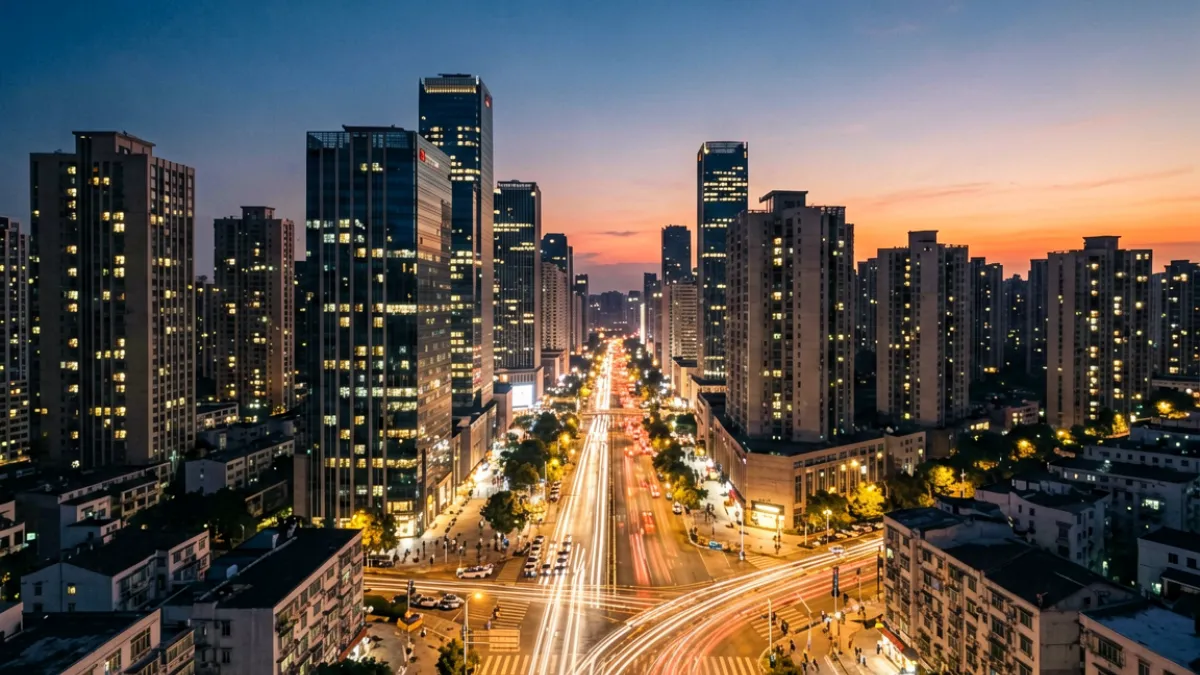 撸撸社热门视频第五名城市凌晨延时摄影截图，高楼灯光与街道车流交织的夜景画面