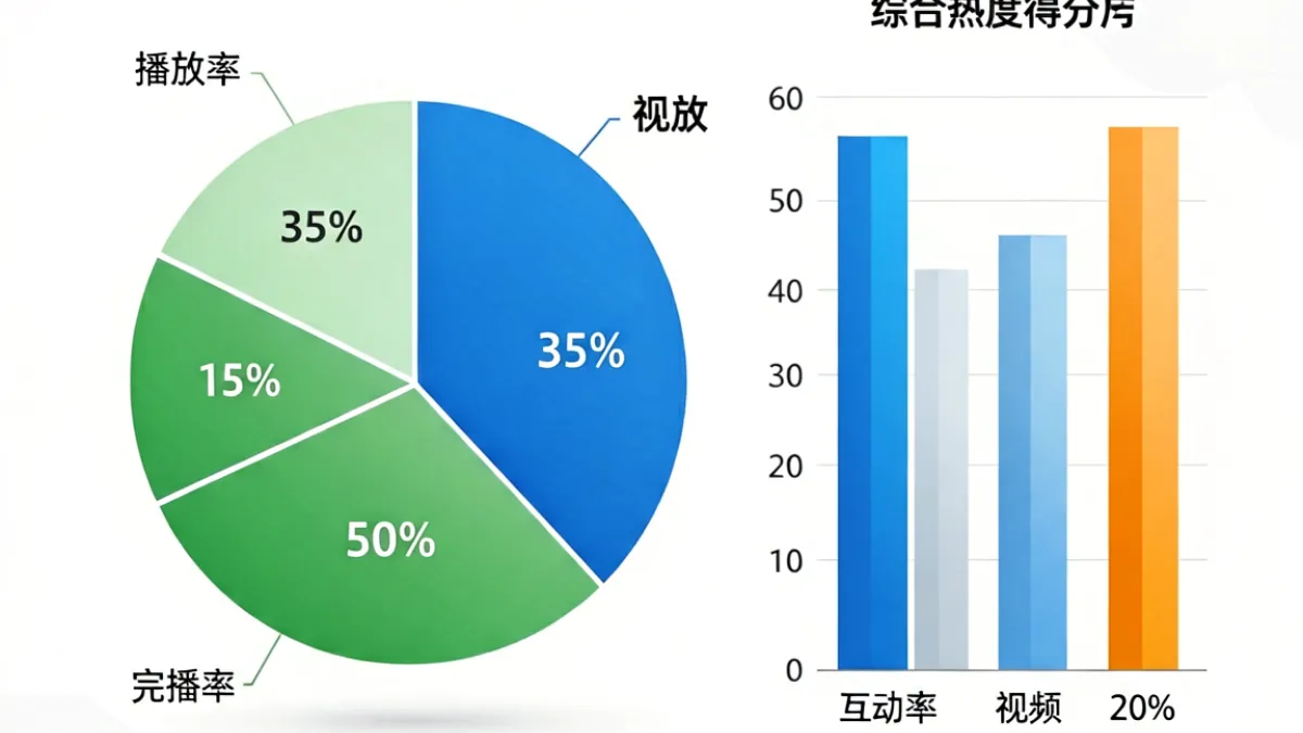 撸撸社热门视频热度算法示意图，展示播放量完播率互动率三项指标加权排名的数据可视化界面