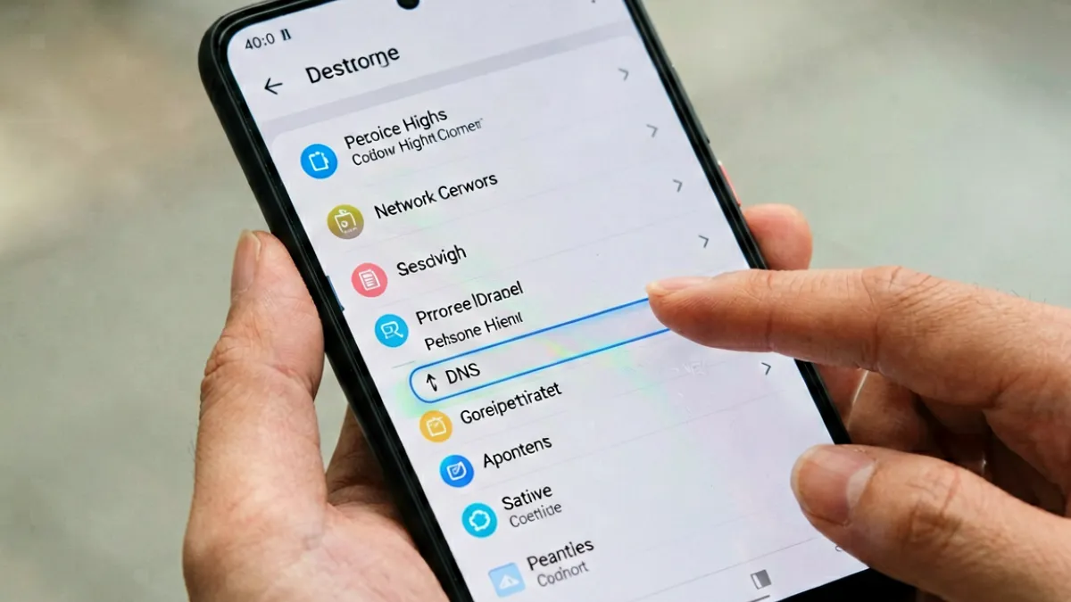 Android手机设置界面展示私人DNS配置步骤，用于提升撸撸社官网移动端访问成功率